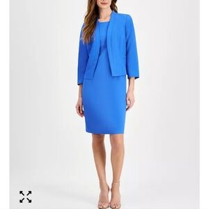 Le Suit Women's Collarless Jacket & Sheath Dress Suit Set ~ Azure Blue